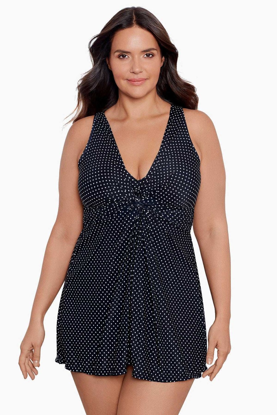 Miraclesuit Plus Size Pin Point Marais One Piece Swim Dress Black/White Clearance