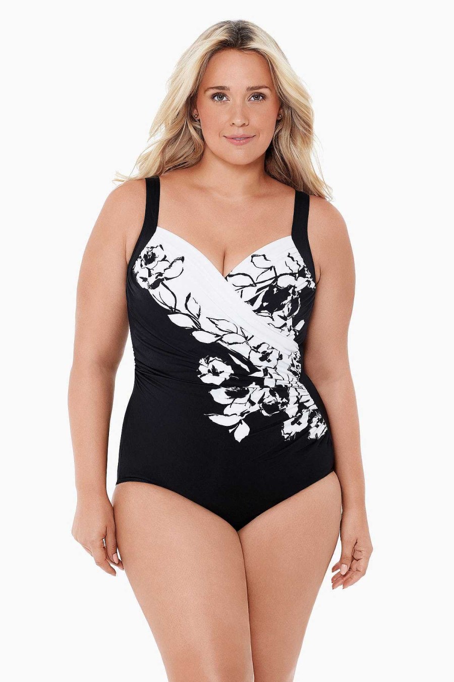 Miraclesuit Plus Size Sub Rosa Sanibel One Piece Swimsuit Black/White Clearance