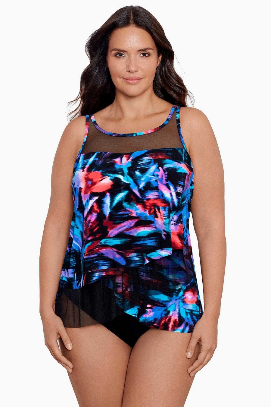 Miraclesuit Plus Size Fuego Floral Mirage Tankini Top Black/Multi New