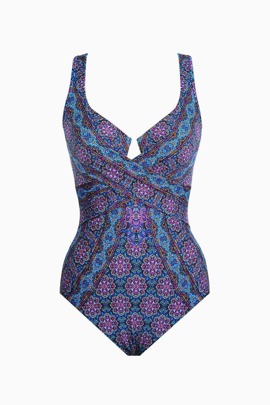 Miraclesuit Danube Bleu Criss Cross Escape One Piece Swimsuit Multi New