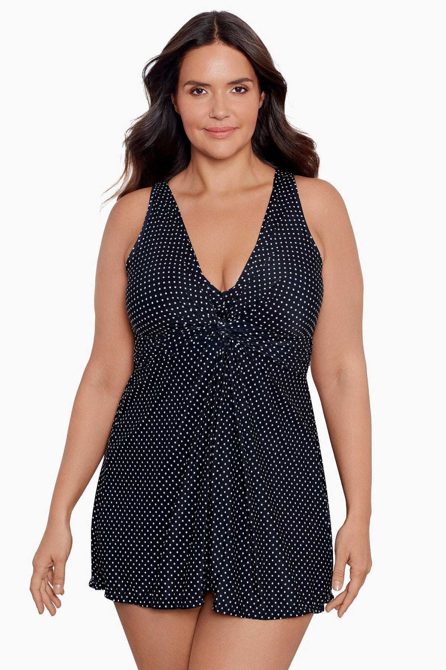 Miraclesuit Plus Size Pin Point Marais One Piece Swim Dress Black/White Clearance