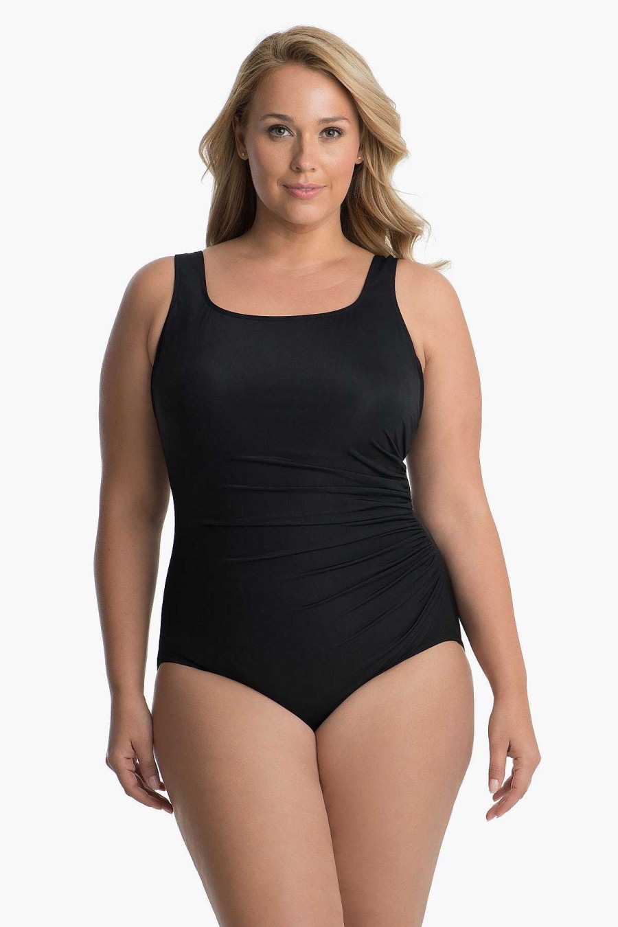 Miraclesuit Plus Size Solid Sideswipe One Piece Swimsuit Black Clearance