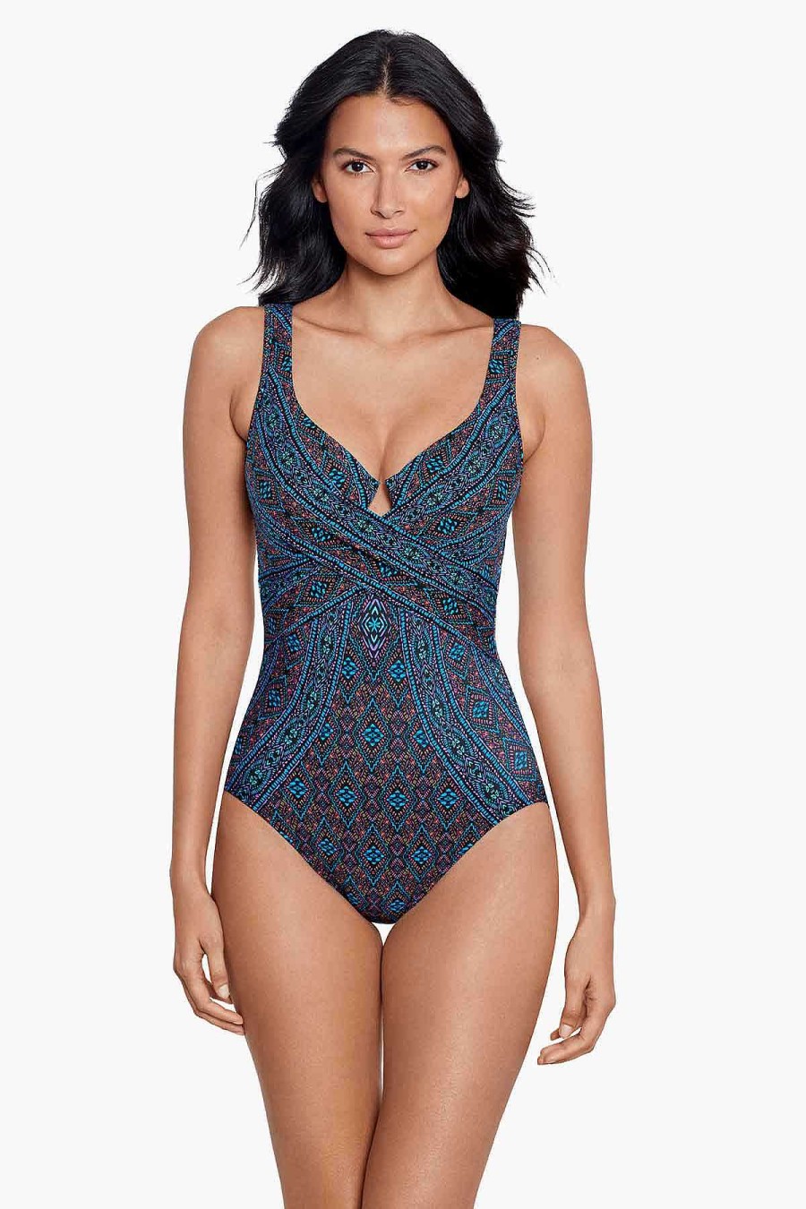 Miraclesuit Romani Criss Cross Escape One Piece Swimsuit Multi New