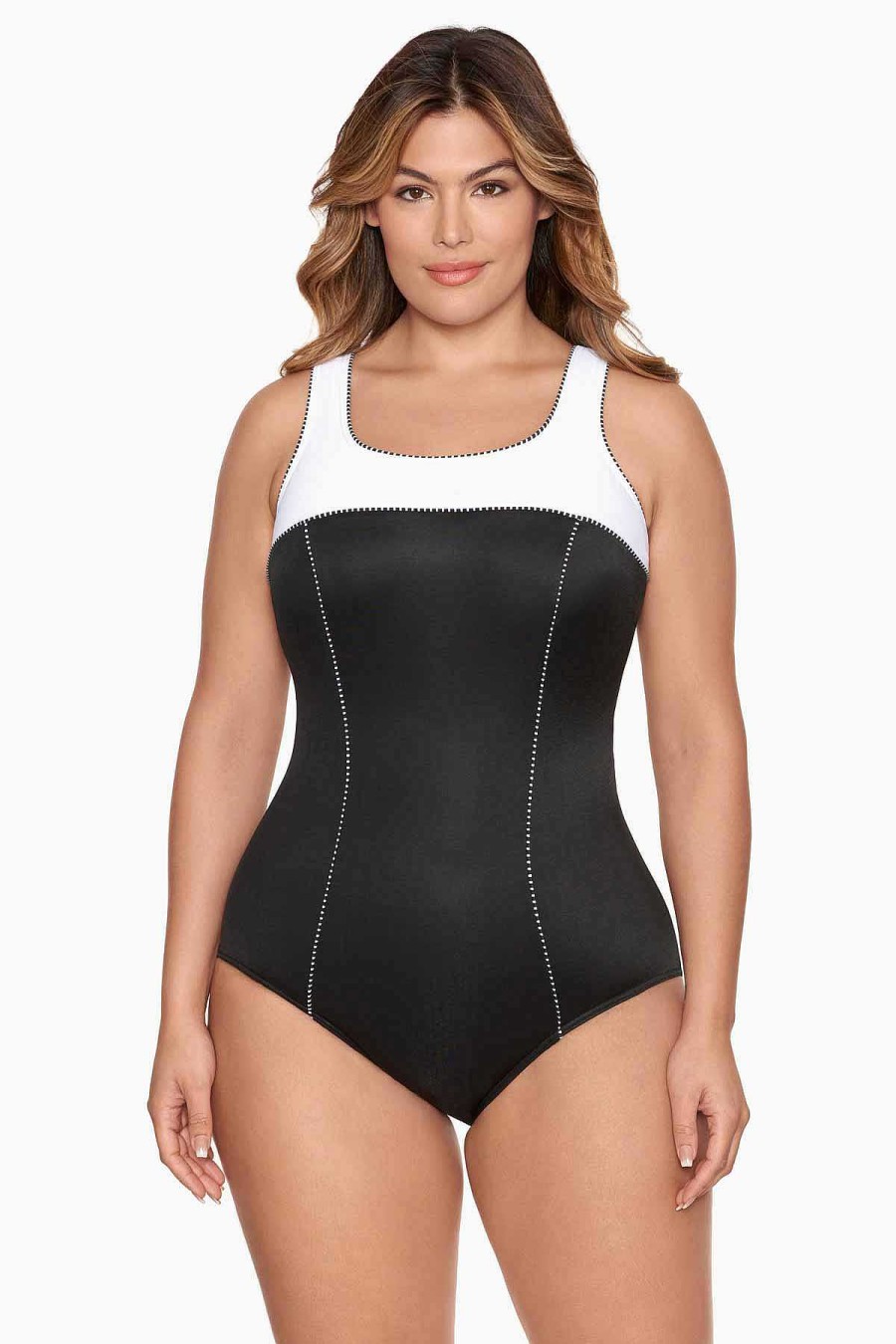 Miraclesuit Plus Size Colorblock Touche One Piece Swimsuit Black/White New